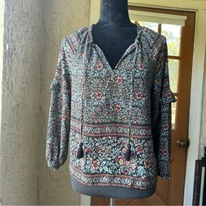 🦋 American Eagle Boho Keyhole Front Tie Floral 3/4 Ruffle Sleeve Peasant Blouse